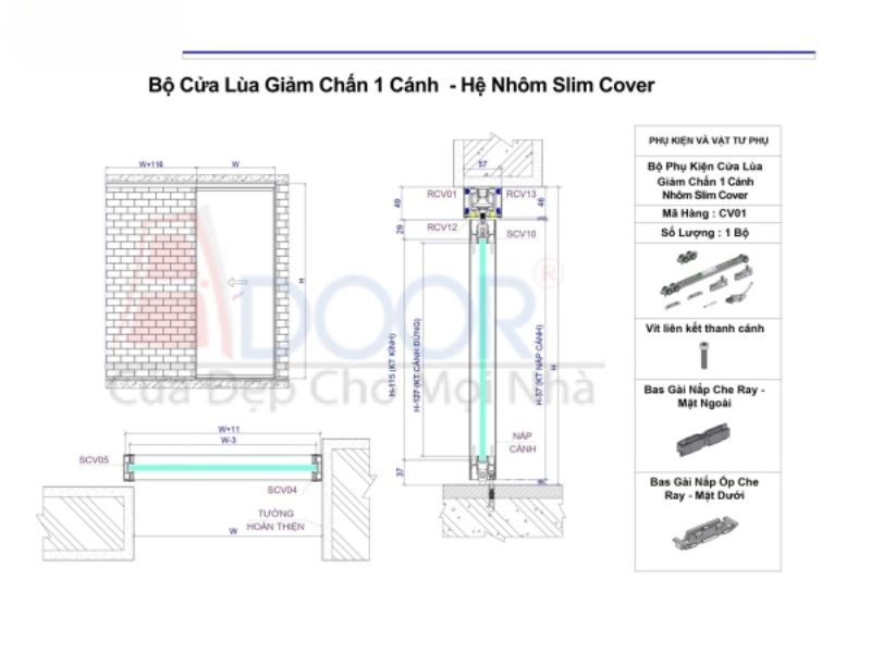 Bản vẽ cửa nhôm slim 1 cánh mở lùa