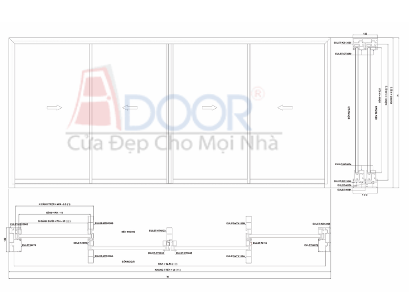 Bản vẻ kỹ thuật cửa nhôm slim 4 cánh mở lùa