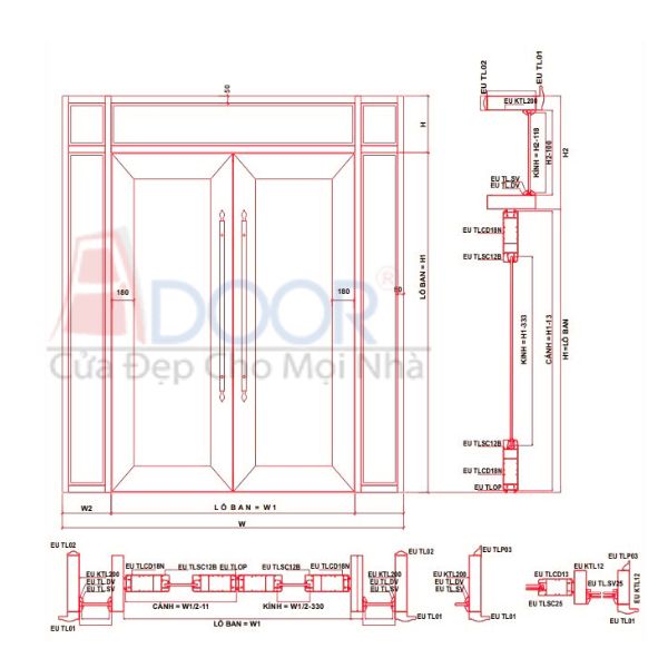Bản vẽ cửa thủy lực 2 cánh có vách cố định