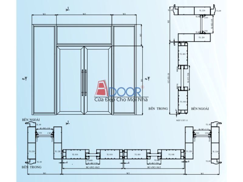 Bản vẻ kỹ thuật cửa nhôm thủy lực Adoor