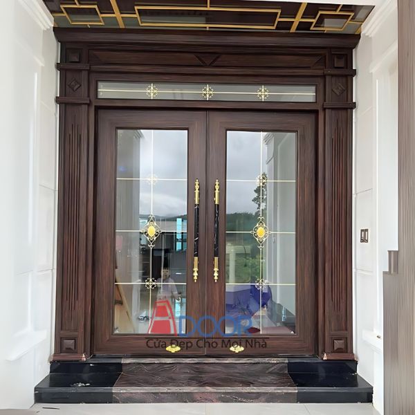 Cửa nhôm kính Adoor thủy lực hộp trang trí với các nan trang trí độc đáo, tạo điểm nhấn nghệ thuật và sang trọng