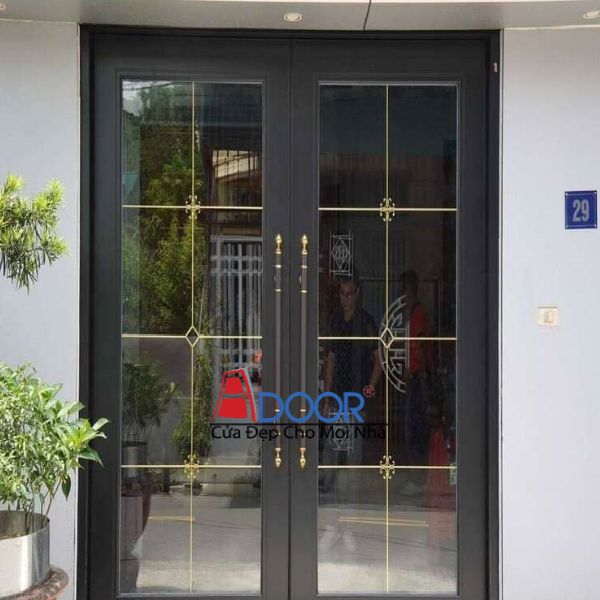 Mẫu cửa nhôm thủy lực 2 cánh không vách Adoor Mẫu cửa nhôm thủy lực 2 cánh không vách kết hợp nan trang trí