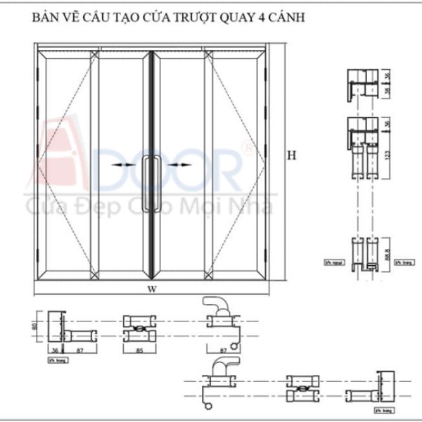 Bản vẽ cửa nhôm trượt quay 4 cánh