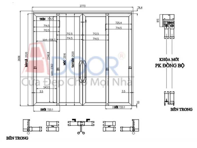 Bản vẽ cửa nhôm kính trượt quay 4 cánh