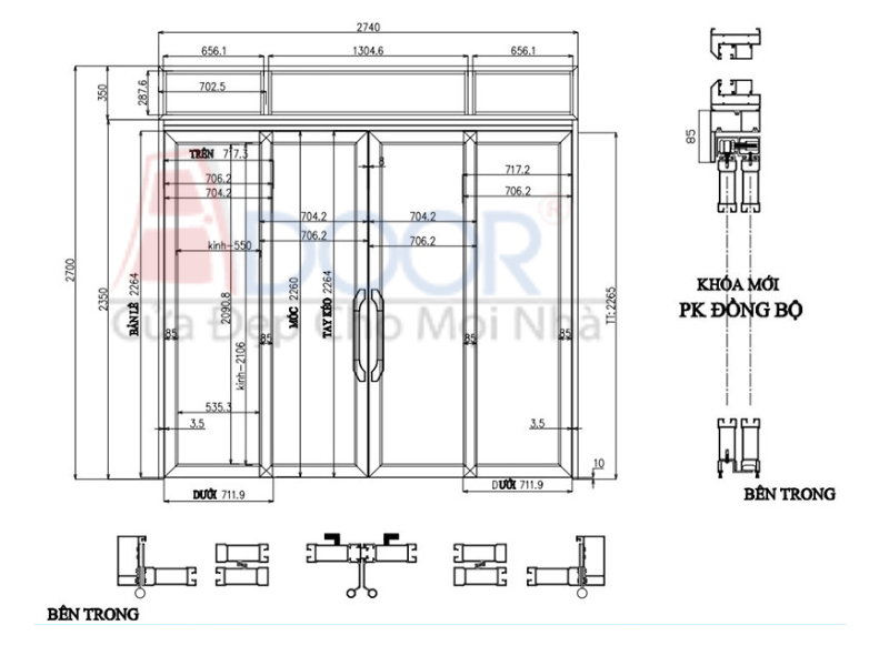 Bản vẻ cửa nhôm trượt quay 4 cánh