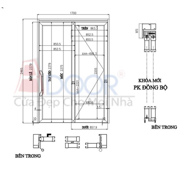 Bản vẻ kỹ thuật cửa trượt quay Adoor 2 cánh Bản vẻ kỹ thuật cửa trượt quay Adoor 2 cánh