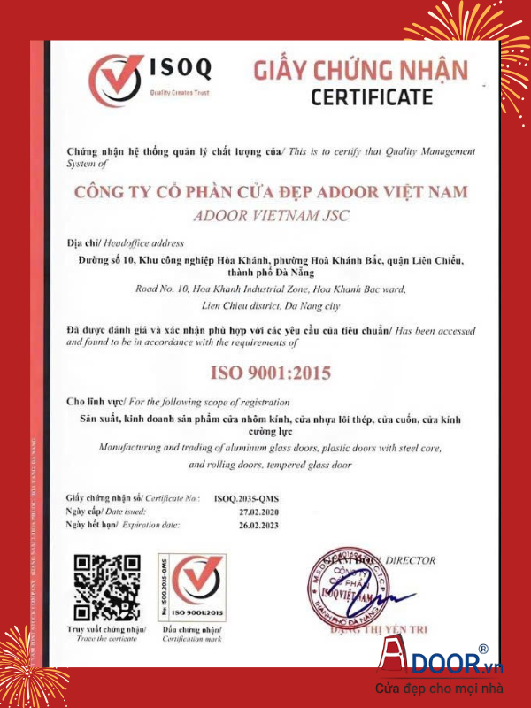 Giấy chứng nhận chuẩn ISO của Adoor