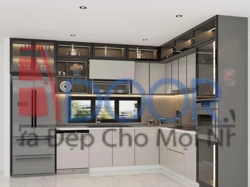 Giá tủ bếp hợp kim nhôm cánh kính dạng chữ L