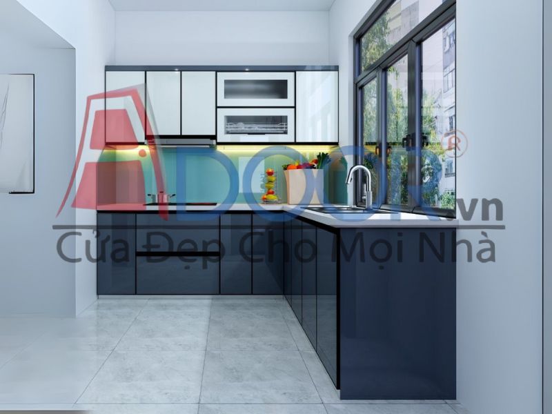 Giá tủ bếp inox cánh kính chữ L - phân khúc phổ thông
