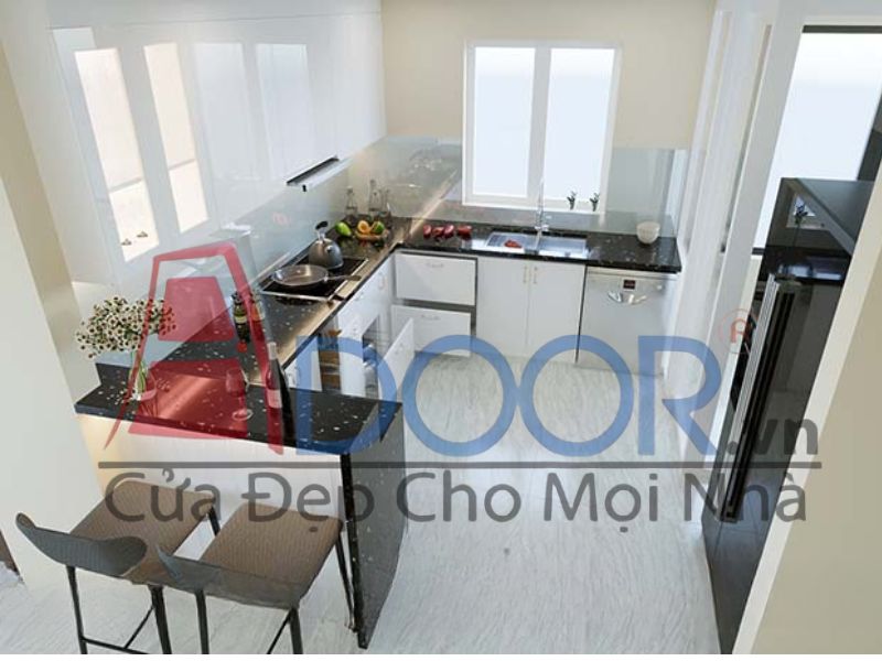 Giá tủ bếp inox cánh kính chữ U - cao cấp