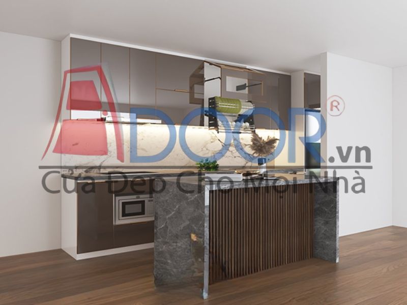 Giá tủ bếp inox cánh kính có đảo bếp - Phân khúc trung cấp