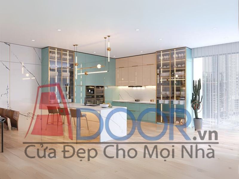 Giá tủ bếp inox cánh kính có đảo bếp - cao cấp