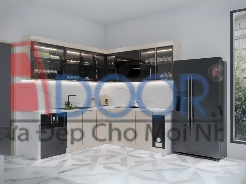 Mẫu Tủ bếp inox cánh kính chữ L (3)