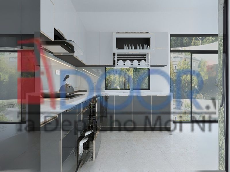 Mẫu Tủ bếp inox cánh kính chữ L