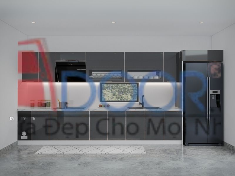Mẫu Tủ bếp inox cánh kính chữ U