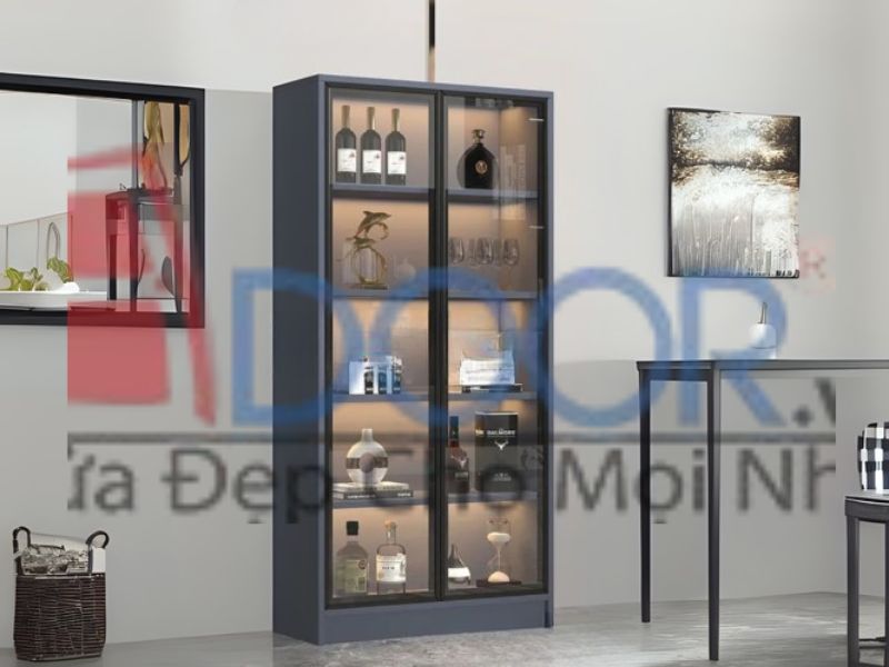 Mẫu tủ rượu cánh kính Adoor gỗ công nghiệp có đèn led