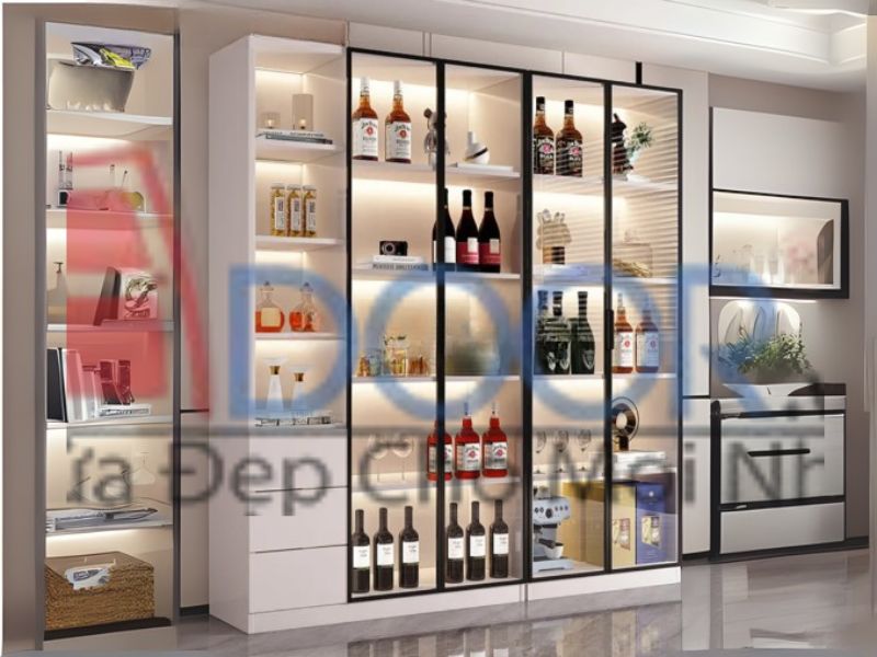 Mẫu tủ rượu cánh kính Adoor kết hợp đèn Led hiện đại
