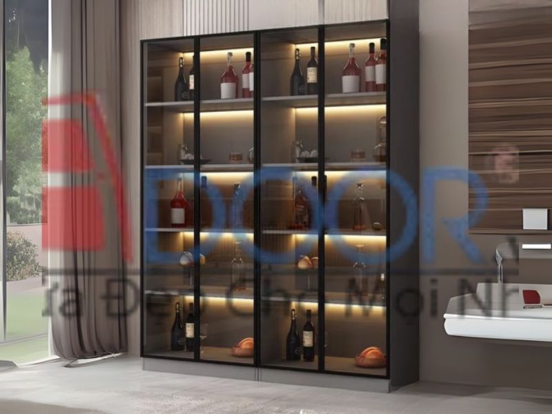 Mẫu tủ rượu cánh kính Adoor màu đen phối đèn Led