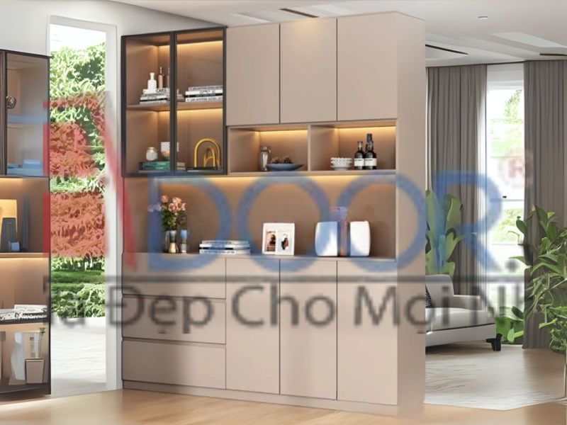 Mẫu tủ rượu gỗ cánh kính công nghiệp kết hợp đèn LED