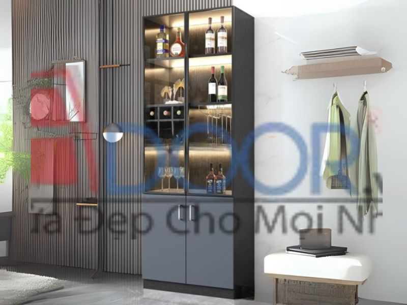 Mẫu tủ rượu phòng khách gỗ công nghiệp kết hợp đèn Led