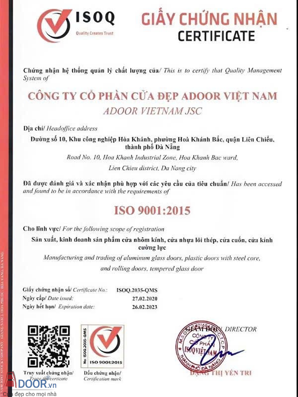 Giấy chứng nhận ISO của Adoor
