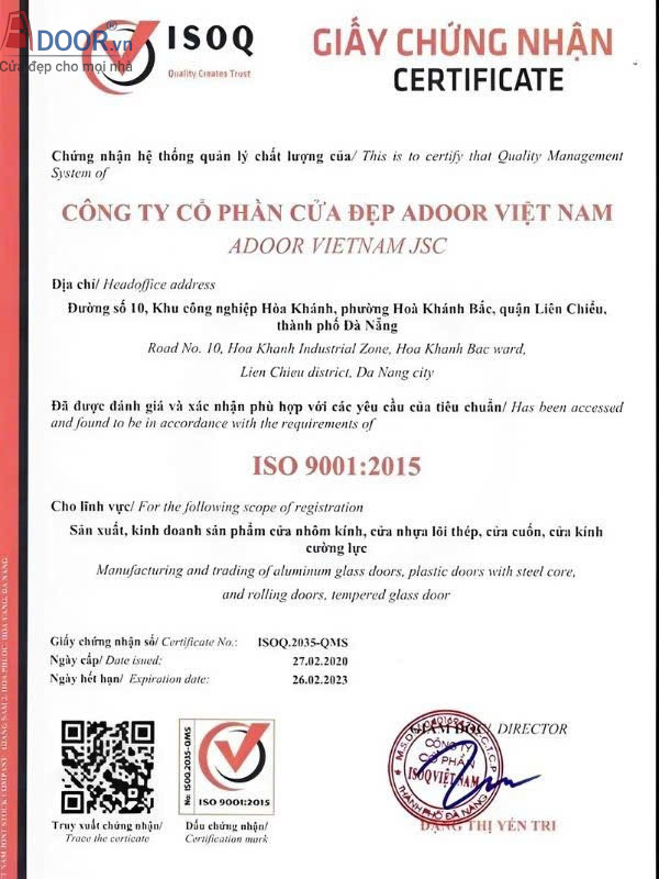 chứng nhận ISO của Adoor