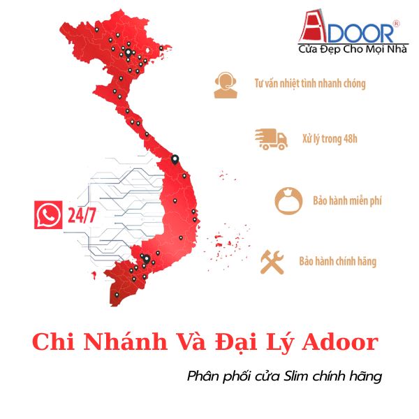 Bản đồ Việt Nam có đánh dấu các vị trí đại lý và văn phòng của Adoor Bản đồ Việt Nam có đánh dấu các vị trí đại lý và văn phòng của Adoor