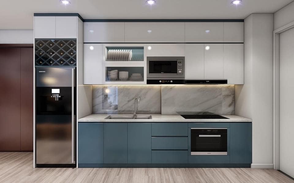 Tủ bếp inox cánh kính chữ I