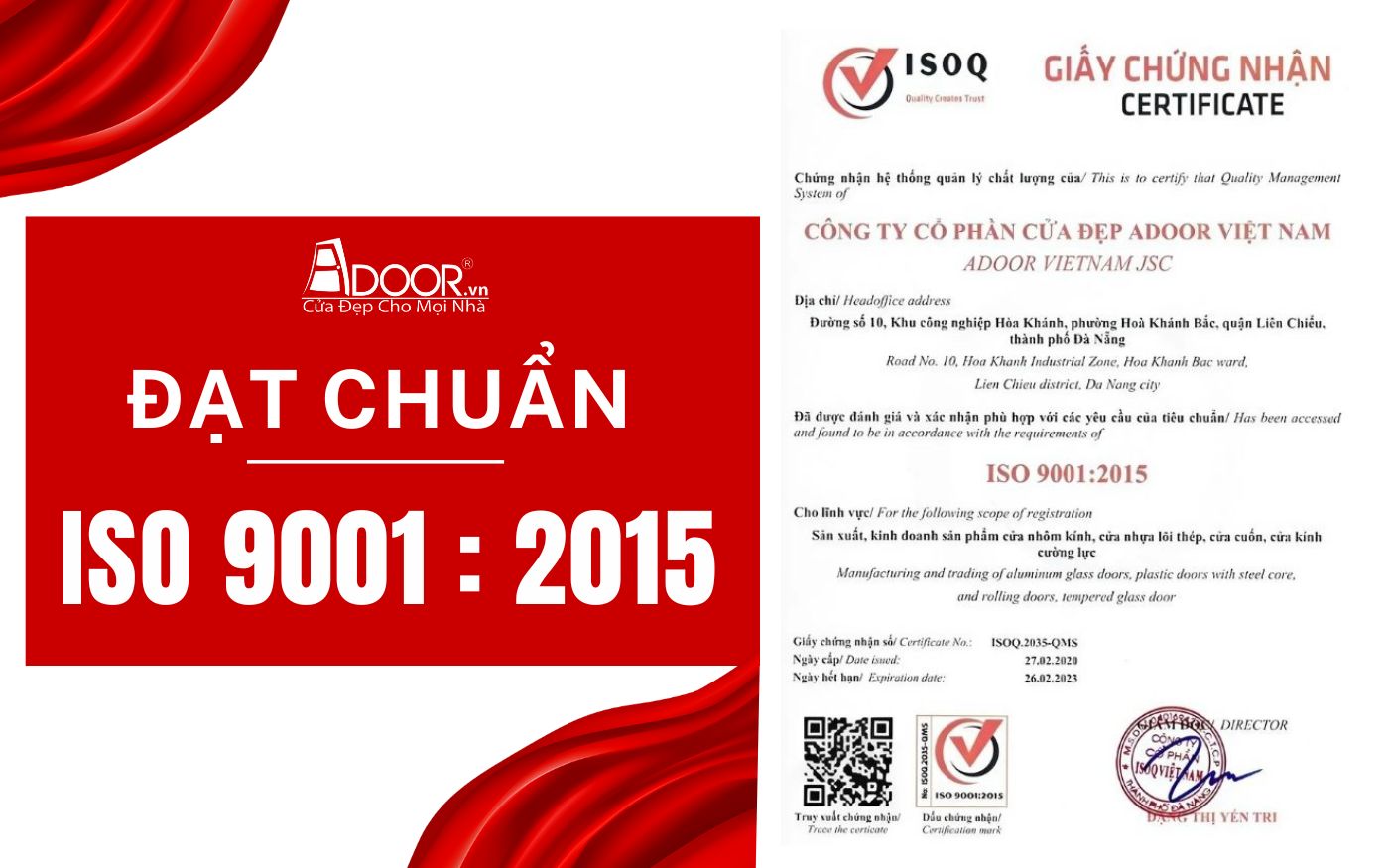 Chứng nhận đạt chuẩn iso của Adoor tại Vũng Tàu