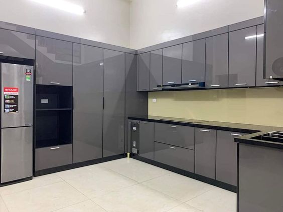 Tủ bếp inox cánh kính chữ L